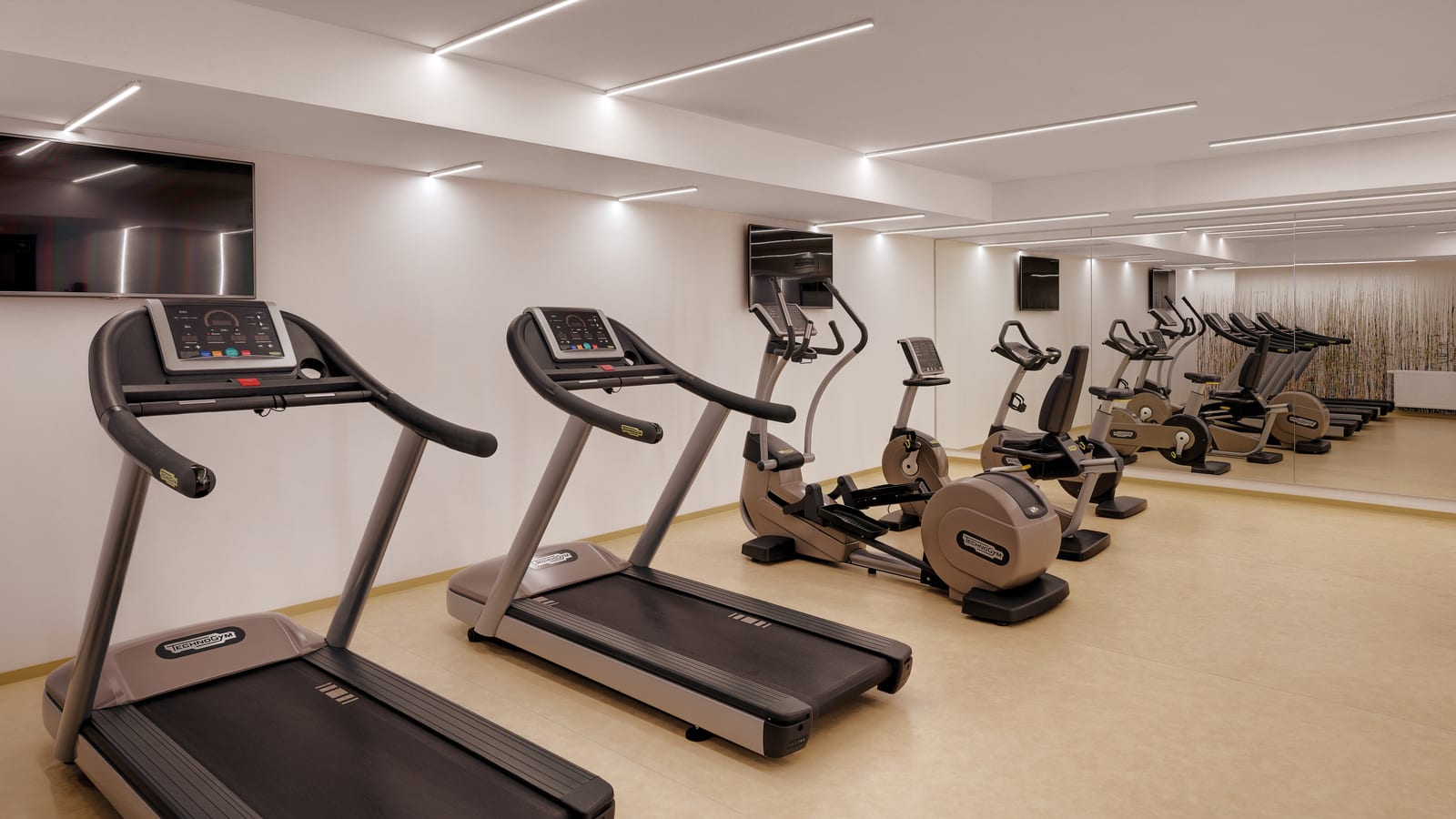 The 24-hour fitness centre at Holiday Inn Frankfurt - Alte Oper, with Peloton bikes, a treadmill, and a cross trainer, entered by key card.